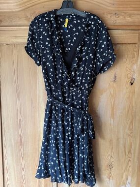 Black Floral Faux Wrap Dress with Ruffle Trim
